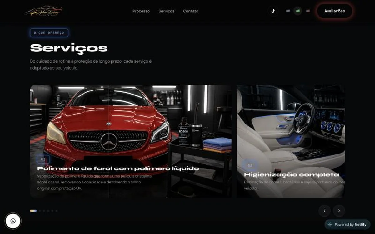 Sección de servicios de la landing page de detailing automotor